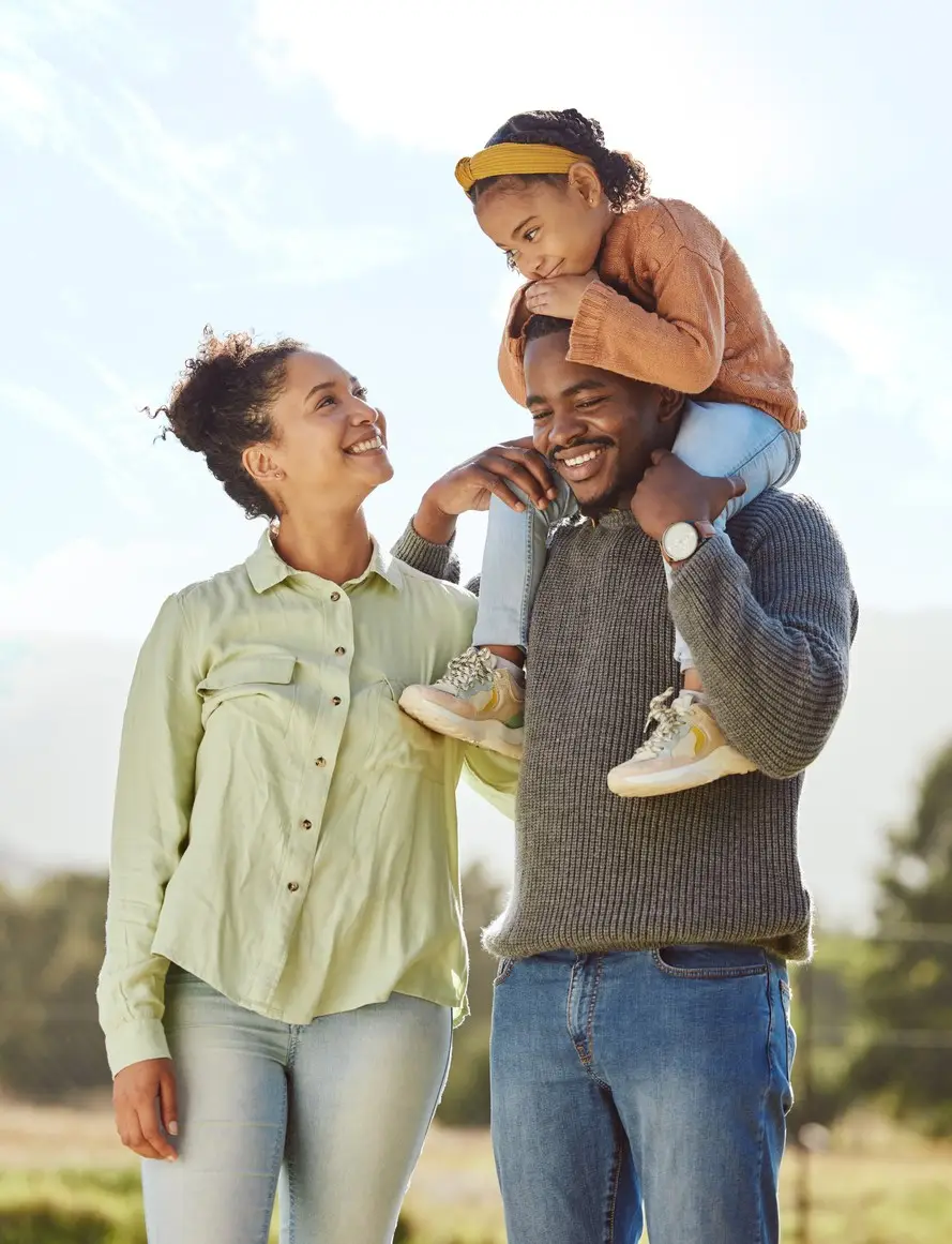 Parents, kids and happy family in park, garden and sunshine field outdoors for bonding, love and quality time together.